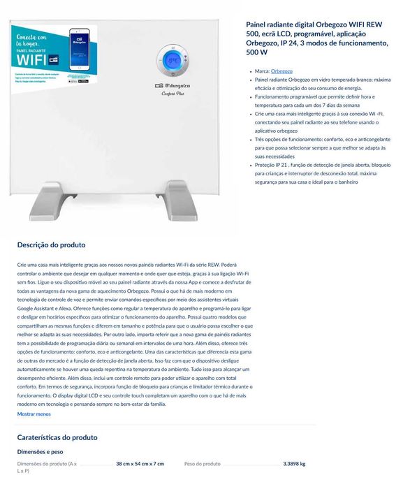 Painel radiante digital Orbegozo com wifi e apk