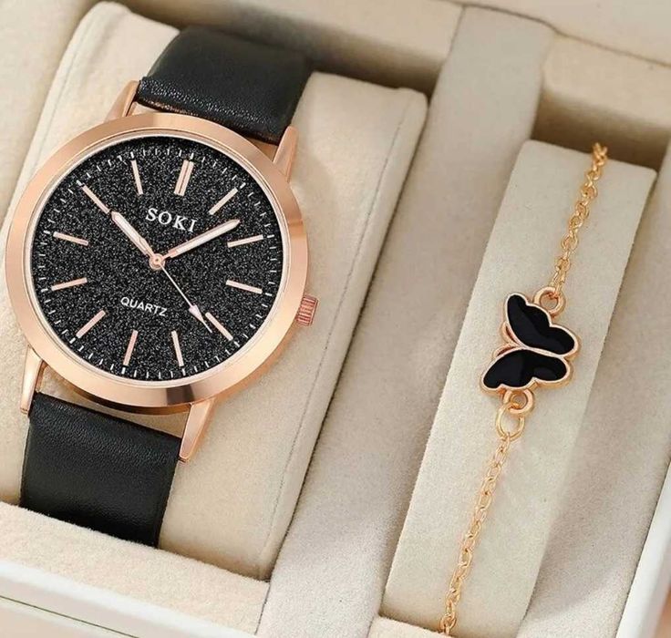 Conjunto Relógio + Pulseira "Black Golden butterfly" (Novo)