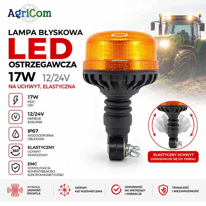 Lampa błyskowa LED ostrzegawcza, 17W 12/24V na uchwyt, elastyczna,