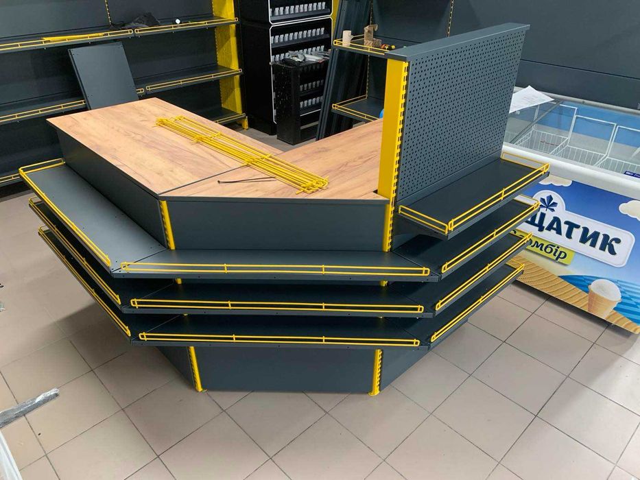 Касові прилавки в магазин. Касові бокси модульні. Торгові стелажі. Торгове обладнання. Вітрини для випічки та кавомодулі