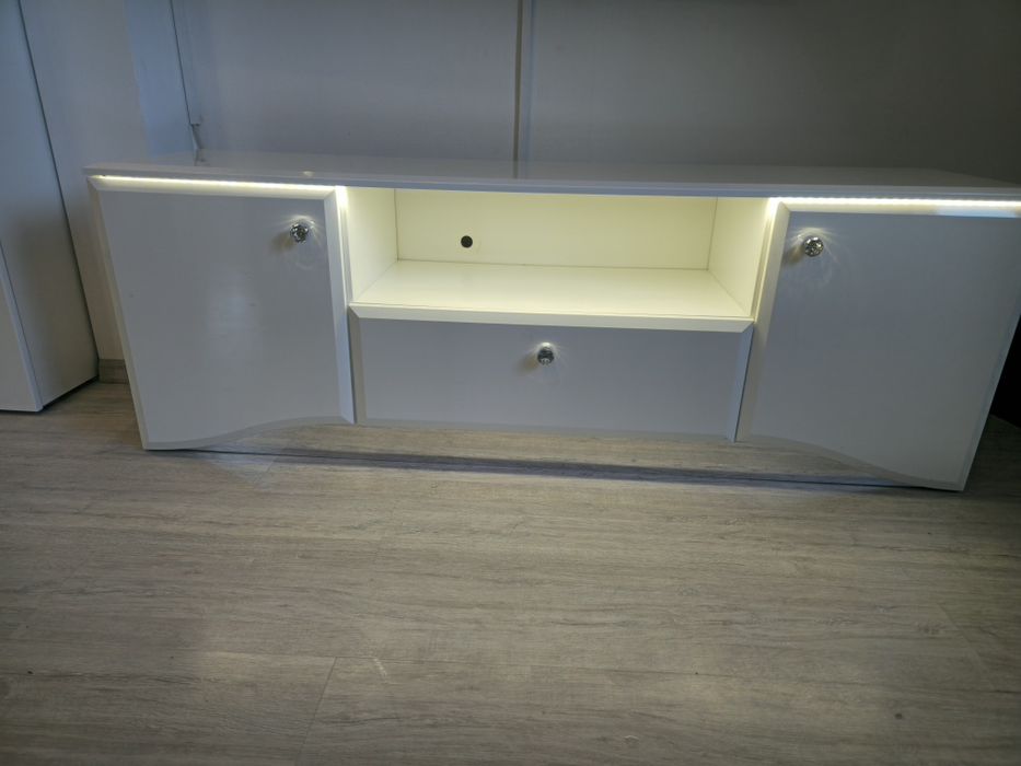 Komoda RTV 2D1S z Oświetleniem LED GLAMOUR 03 Biały Połysk Biały Mat