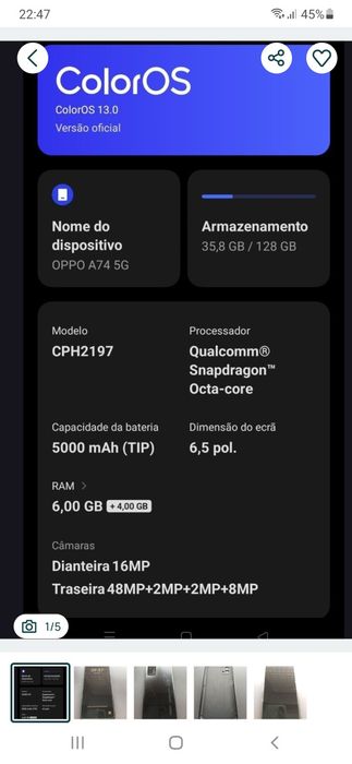 OPPO A74 5G com 6+4 de Ram e 128gb