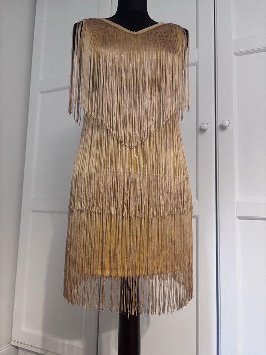 Złota sukienka Strój koktajlowe kostium do tańca frędzle L