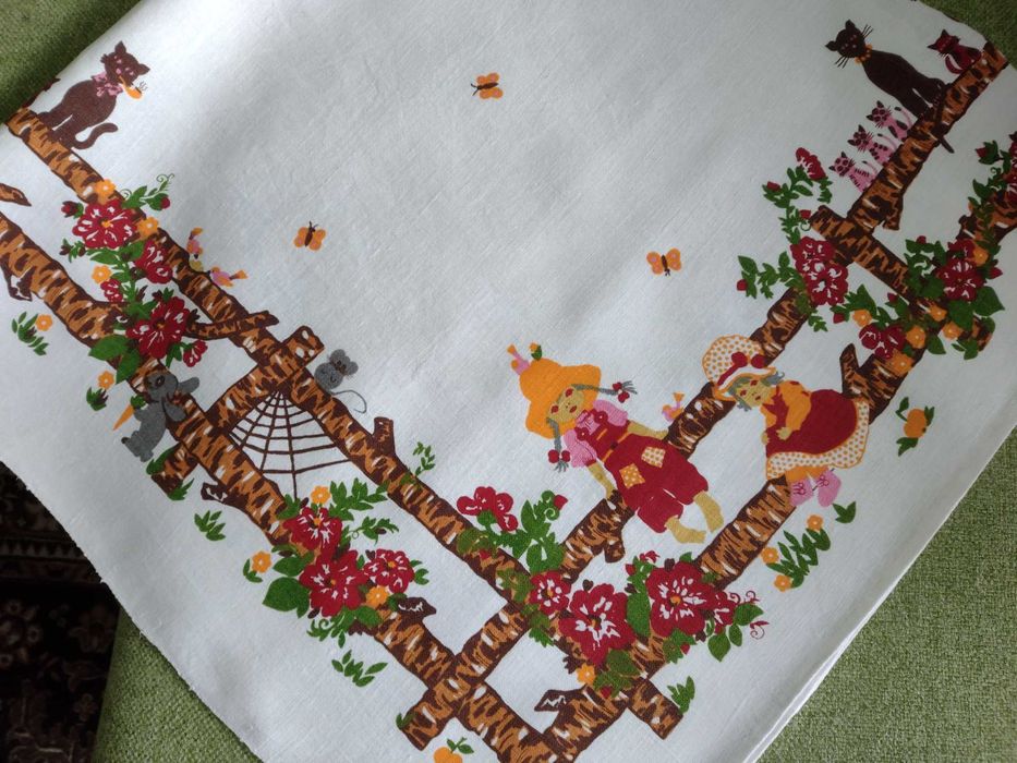 Obrus vintage Kotki Dziewczynki polski len