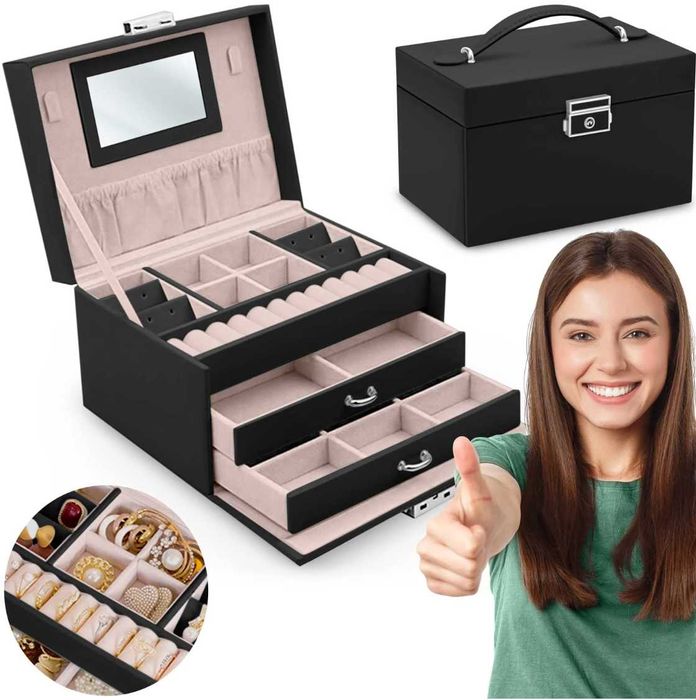 Szkatułka na biżuterię Lusterko Kluczyk Pojemna Skóra ekologiczna