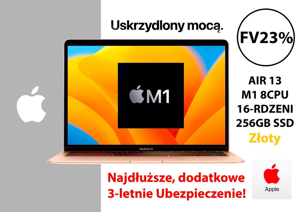 Nowy Apple MacBook Air 13 M1 16RDZ 256GB ZŁOTY DODATKI GW-3LATA! FV23%