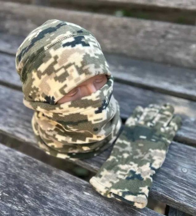 Тактический зимний комплект шапка флисовая баф перчатки олива шапка