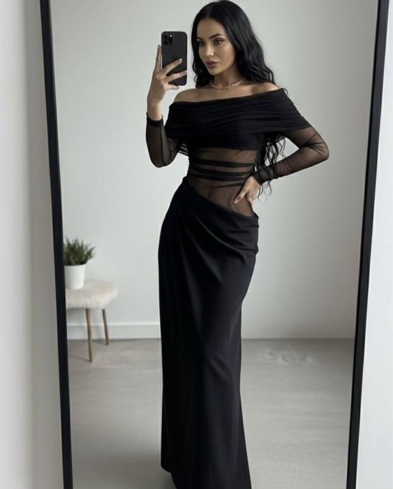 Сукня сексуальна з відкритими плечима сітка довга максі чорна