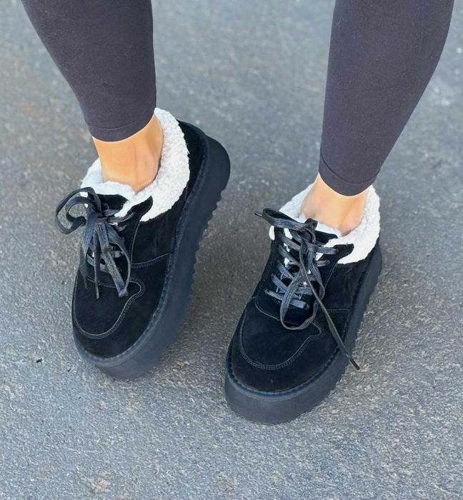 Зимние женские замшевые кроссовки с мехом натуральная замша черные