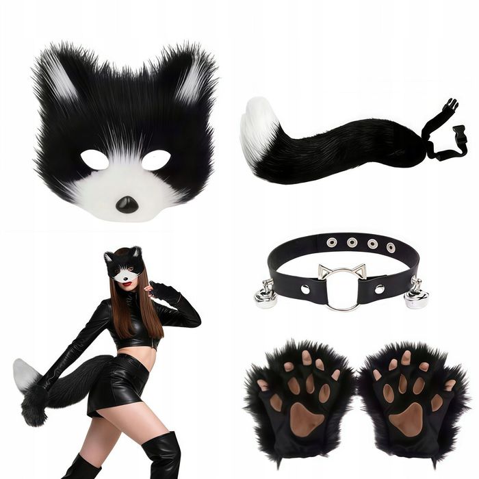 KOSTIUM futrzasty maska ogon łapki czarny cosplay
