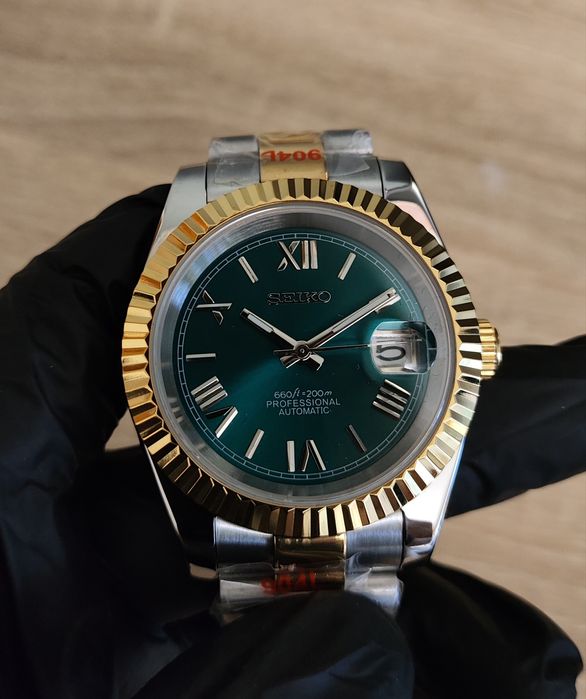 Seiko MOD Datejust Zielony Srebrny Złoty President Custom Nowy