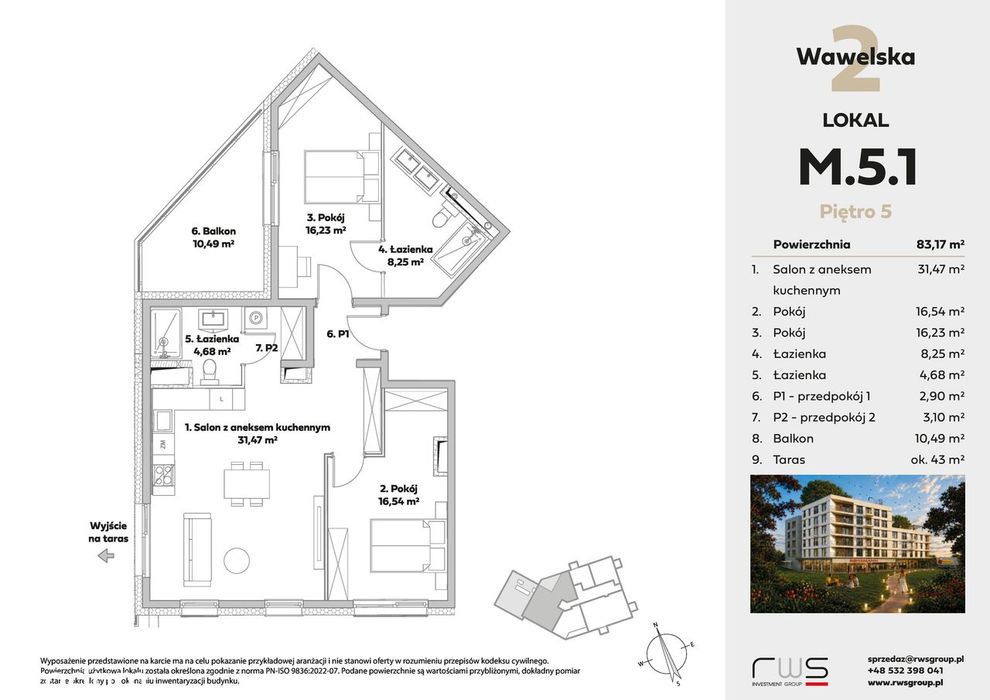 3 pokoje | 83,17 m² | Wawelska 2 | M51