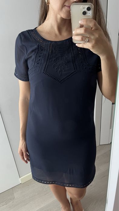 Granatowa ażurowa sukienka H&M z halką boho 36