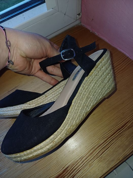 Sandały espadryle 38 czarne damskie buty na obcasie lato