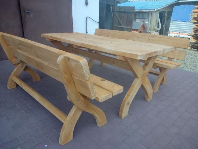 Biesiadny Drewniany Komplet Mebli Ogrodowych (Stół + Ławki + Fotele)