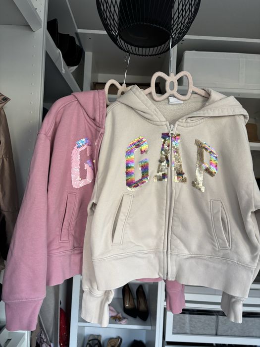 Gap 130 128 bluza dla dziewczynki kapturem suwak różowa beżowa cekiny