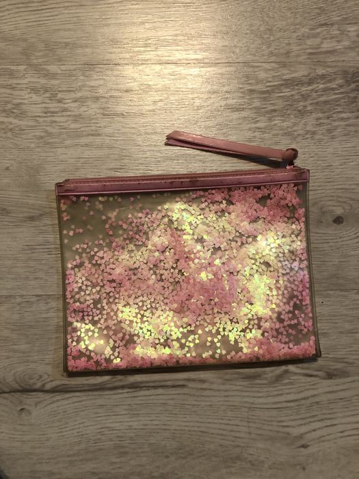 Kosmetyczka, piórnik przezroczysty, różowy z brokatem