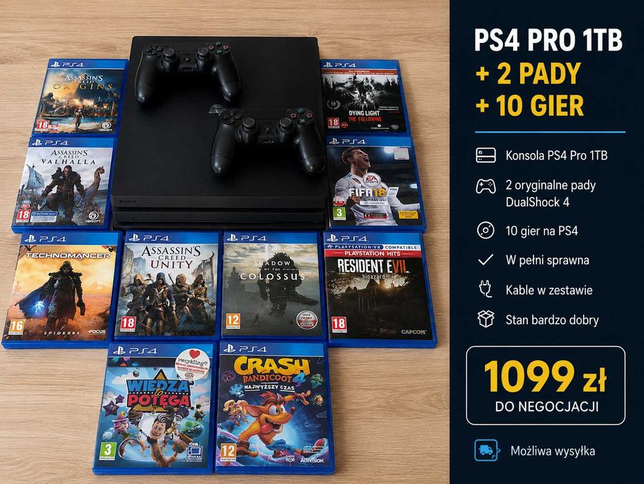 Sprzedam zestaw PlayStation 4 Pro 1TB z dwoma padami i 10 grami.