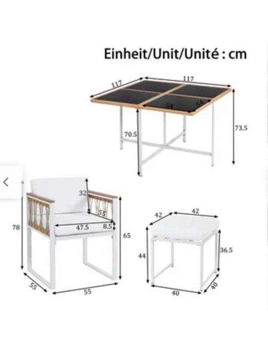NOVO Conjunto de jantar exterior de 7 peças para 6 pessoas, mesa em vidro temperado, assentos em vime com apoios de braços em madeira de acácia