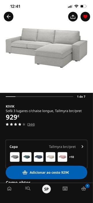 Sofá IKEA KIVIK 3 lugares c/ chaise longue e capa tallmyra cinzento claro