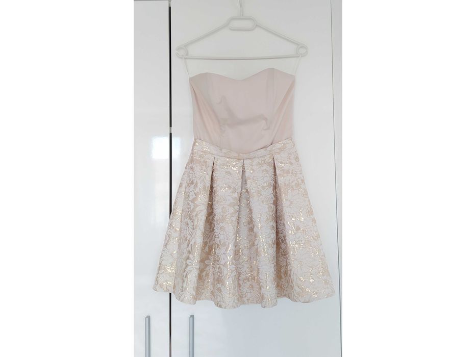 Krótka sukienka koktajlowa Agnes, beż + jasne złoto, rozmiar S