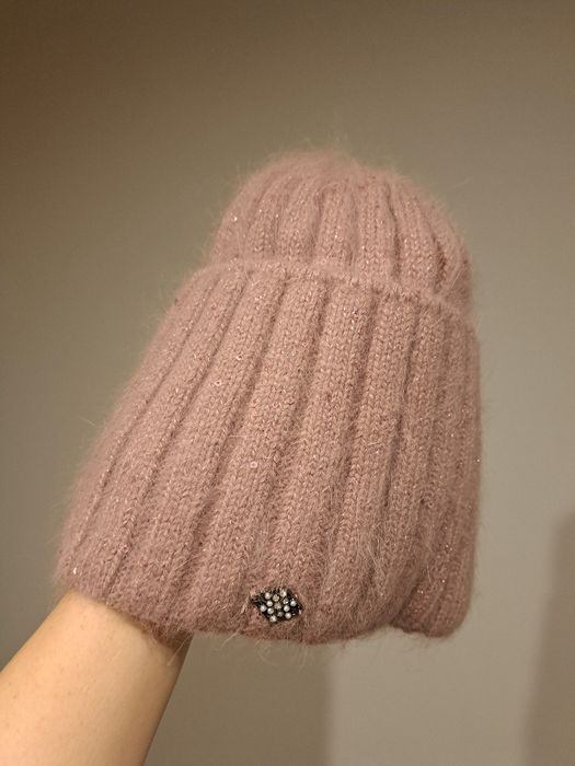 Fans caps wełna czapka pudrowy brudny róż elegancka