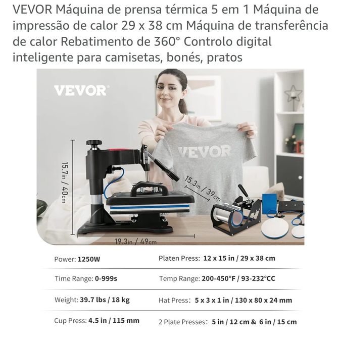 Máquina de prensa térmica 5 em 1 para fazer t-shirts, canecas, bonés, etc