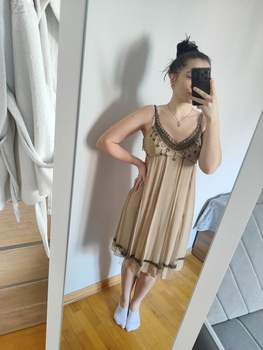 100% jedwabna elegancka MIDI sukienka na ramiączkach z ozdobnymi wstawkami