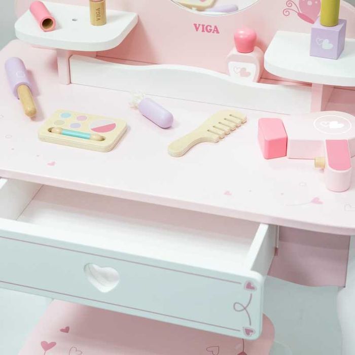 VIGA Duża Toaletka Drewniana Biało-Różowa z Lustrem i Krzesełkiem