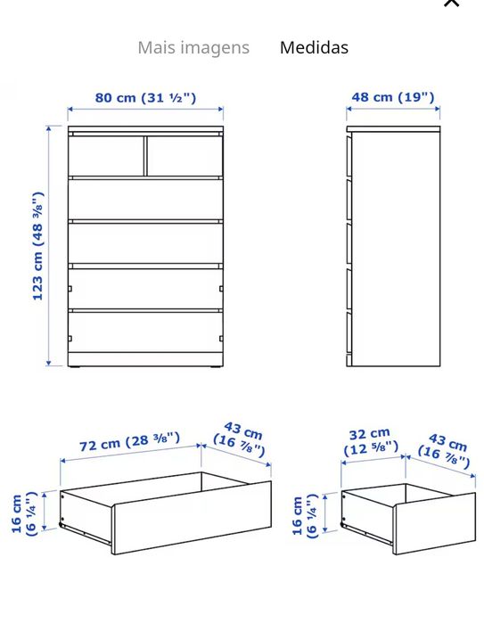 Cómoda 6 gavetas 80*123cm c/tampo de vidro