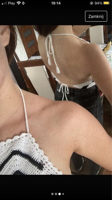 Biało czarny top z odkrytymi plecami wiązany haftowany H&M Coachella c