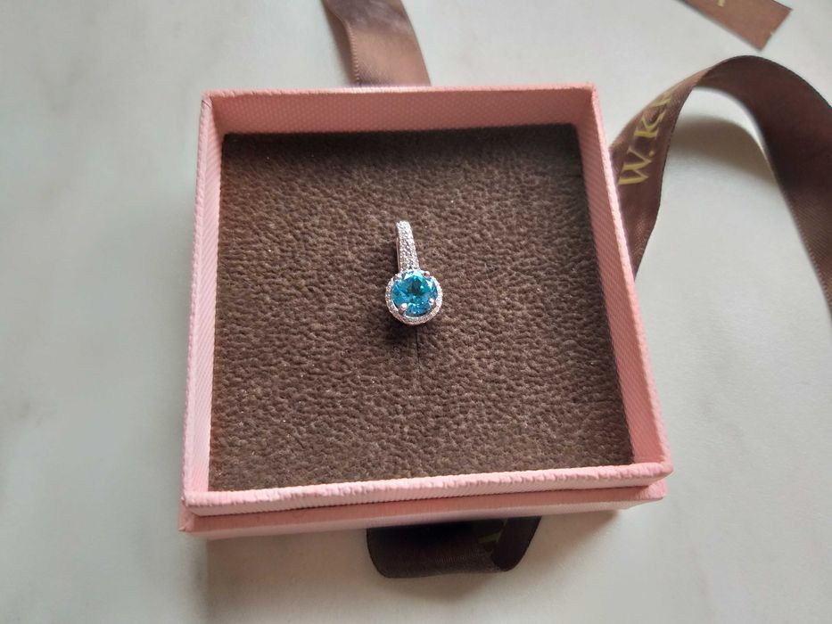 Walentynki zawieszka białe złoto brylant 48 diamentów topaz W. Kruk