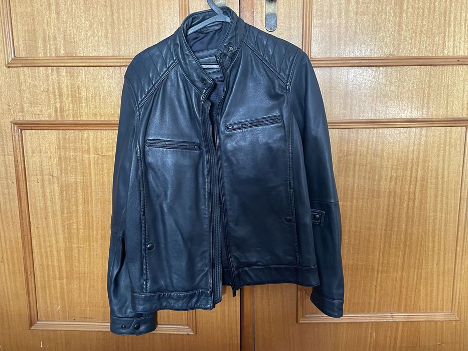 Casaco pele azul escuro Massimo Dutti