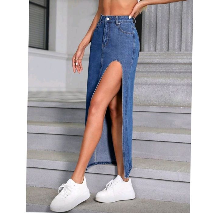 Jeansowa spódnica długa rozporek guziki denim spódniczka jeans M 38