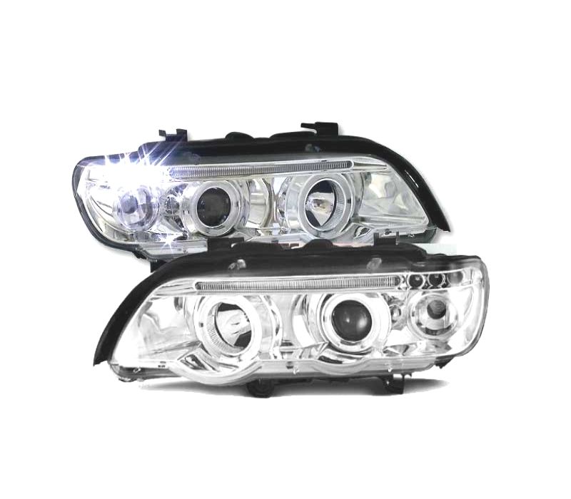 FARÓIS RENTE ANGEL EYES BMW X5 E53 FUNDO CROMADO