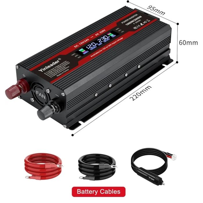Inversor Yinleader 2000 W, conversor de voltagem 12 V/24 V para 230 V para carro, com display LCD, 1 tomada padrão europeia e 2 portas USB
