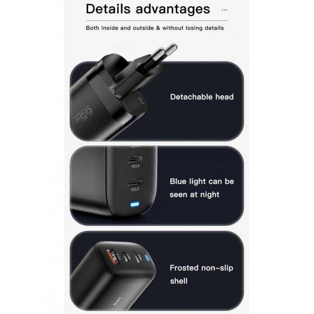 Швидкий зарядний пристрій Essager 65W Gan  (2 USB-C+1 USB-A) Black