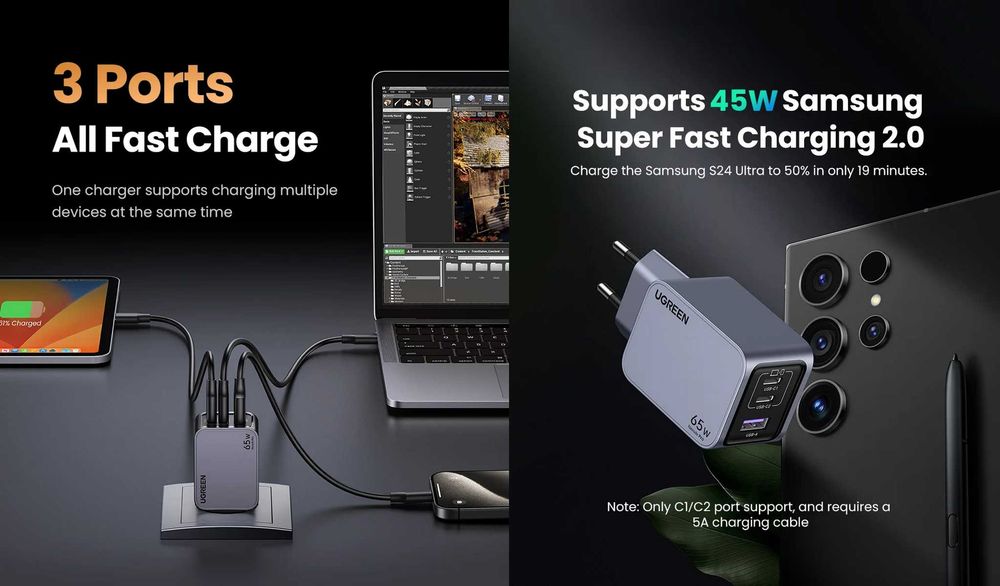 Зарядний пристрій UGREEN Nexode Pro 65W GaN Fast Charger 2C1A (X755)