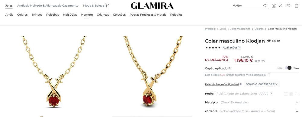 Pendente de ouro e pedra de rubi