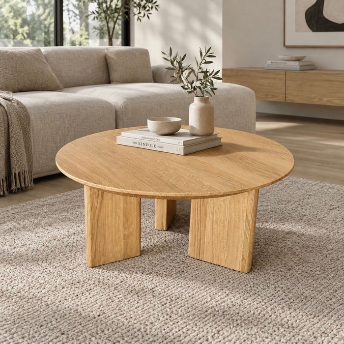 Dębowy stolik kawowy okrągły lite drewno NORD nowoczesny design fi70 gr.4cm PRODUCENT