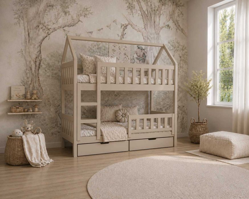 Łóżko piętrowe DOMEK dla dzieci 160x80 / 190x80 + 2 materace szuflady