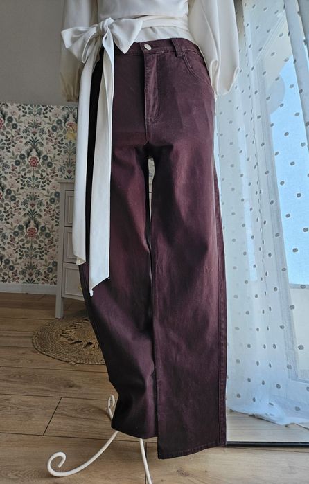 Brązowe spodnie damskie S proste nogawki czekoladowe Basic wygodne