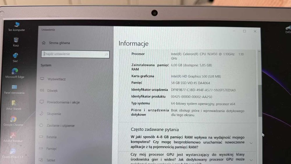 Laptop 13,3″ – Intel Celeron N3450 • 6 GB RAM • 64 GB SSD • Windows