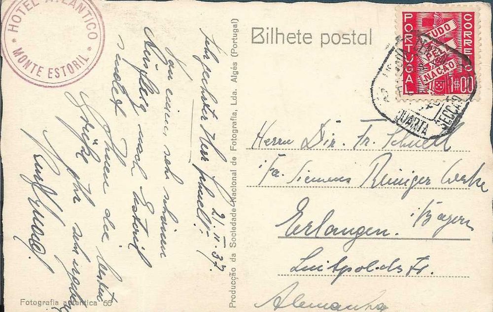 Bilhete Postal Antigo 1937 - PRAIA ESTORIL