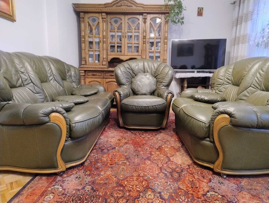 Zestaw wypoczynkowy sofa fotel skóra naturalna oliwka Kalwaria 3+2+1