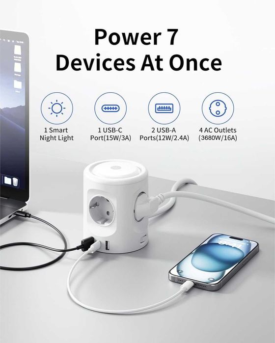 Przedłużacz Kostka Kostkowy 7w1 USB-C Lampka