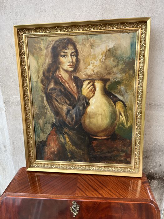 Oryginalny obraz Charlesa Roka kobieta z dzbanem sygnowany 1950–60