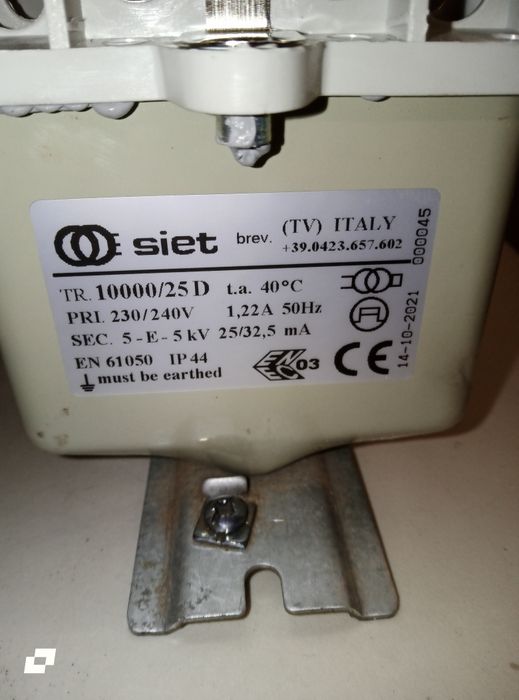 Transformador Néon SIET TR 10000/25 D (10kV 25mA / 5-E-5 kV)