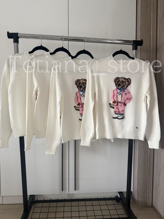 Жіночий білий светр віскоза кофта з рожевим ведмедиком Polo Ralph Lauren S M L XL