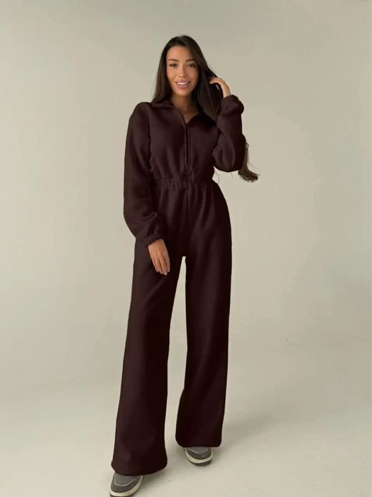 Трендовий флісовий комбінезон шоколадний костюм на блискавці палаццо